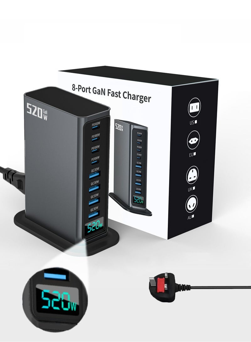 Jourvent 520W GaN Desktop Charging Station, 8-in-1 USB C Fast Charger with LED Real-time Power Display, 4x 100W PD & 4x 30W QC Ports for MacBook Pro/Air, iPad, iPhone 15/14, Samsung Galaxy, Steam Deck, Laptops & More - Image 1