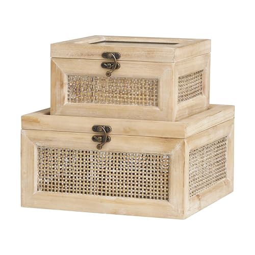 Deco 79 Wood Decorative Box Glass Top Decorative Keepsake Boxes with Rattan Side Panels and Bronze Hook Closures Set of 2 Storage Boxes 9 7 W Light Brown