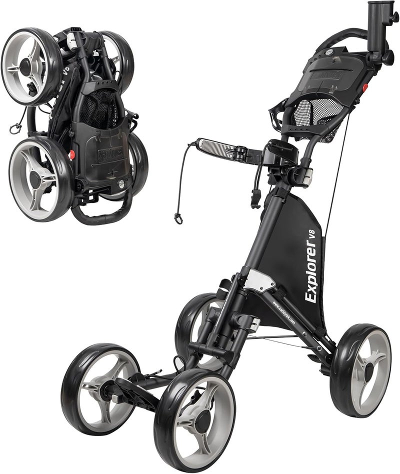Caddytek Explorer V8 Golf Push Cart - SuperLite 4 Wheel Aluminum Foldable Cart with Adjustable Front Wheel Width, Foot Brake, Cooler Basket, Umbrella Holder, Drink Holder, Scorecard Console - Image 1
