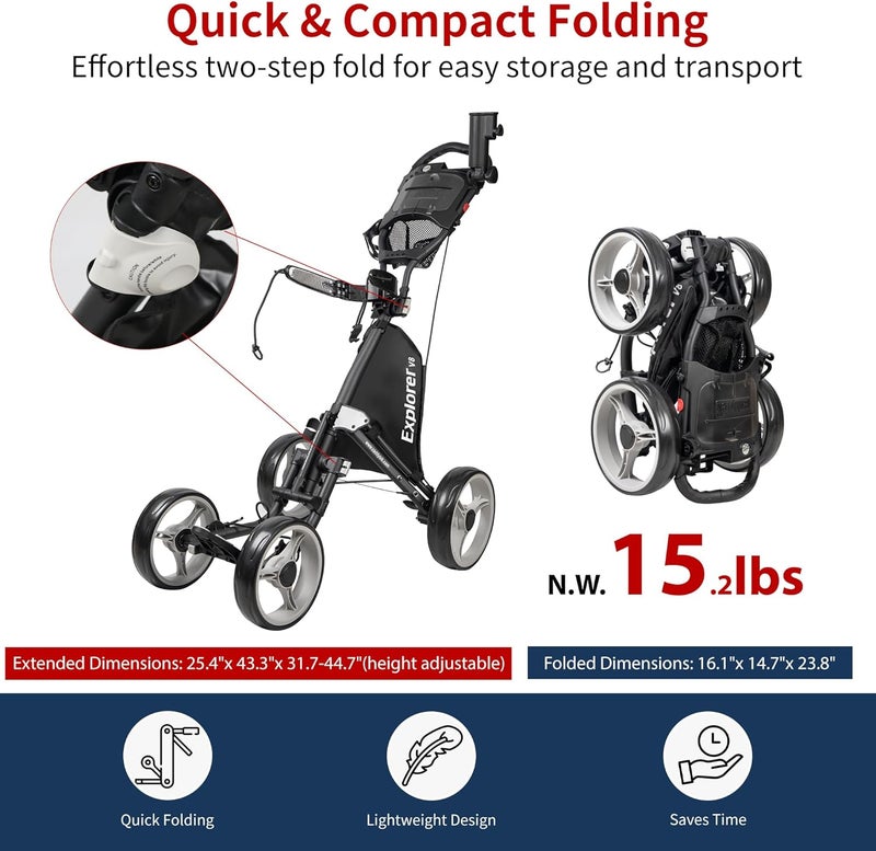 Caddytek Explorer V8 Golf Push Cart - SuperLite 4 Wheel Aluminum Foldable Cart with Adjustable Front Wheel Width, Foot Brake, Cooler Basket, Umbrella Holder, Drink Holder, Scorecard Console - Image 5