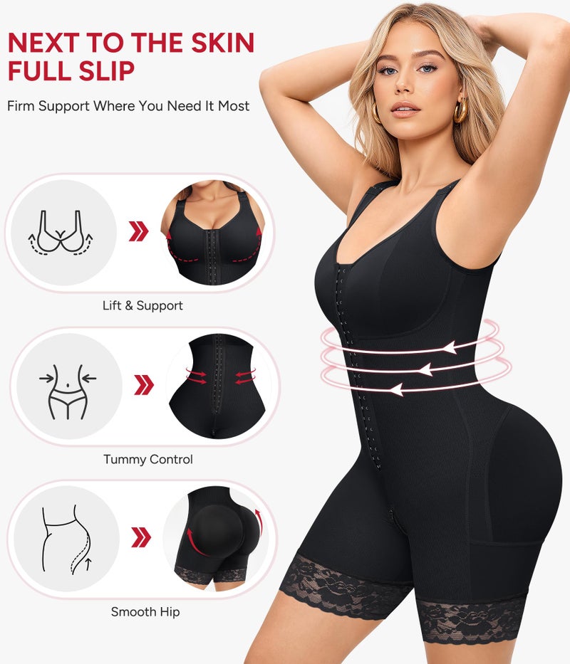 Nebility Fajas Colombianas Moldeadoras Shapewear for Women Tummy Control Postpartum Body Shaper Butt Lifter Bodysuit with Zipper Crotch(Black, Medium) - Image 2