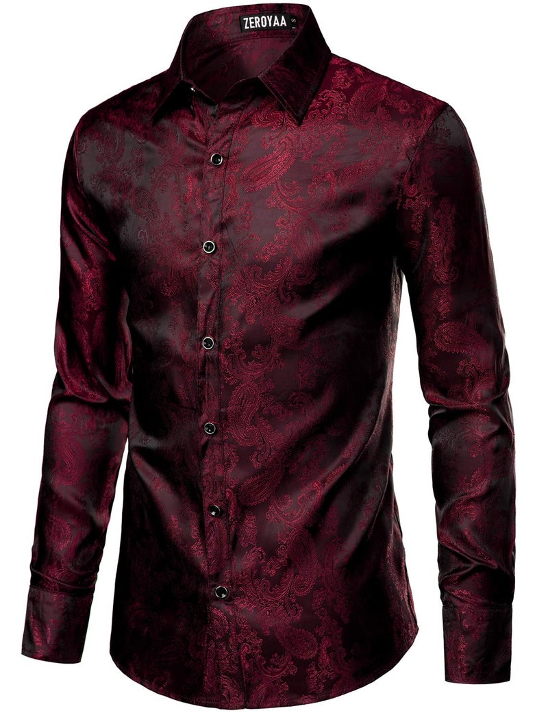 ZEROYAA Men's Paisley Jacquard Slim Fit Long Sleeve Button Up Dress Shirt for Party Prom ZLCL28-Burgundy Large - Image 1
