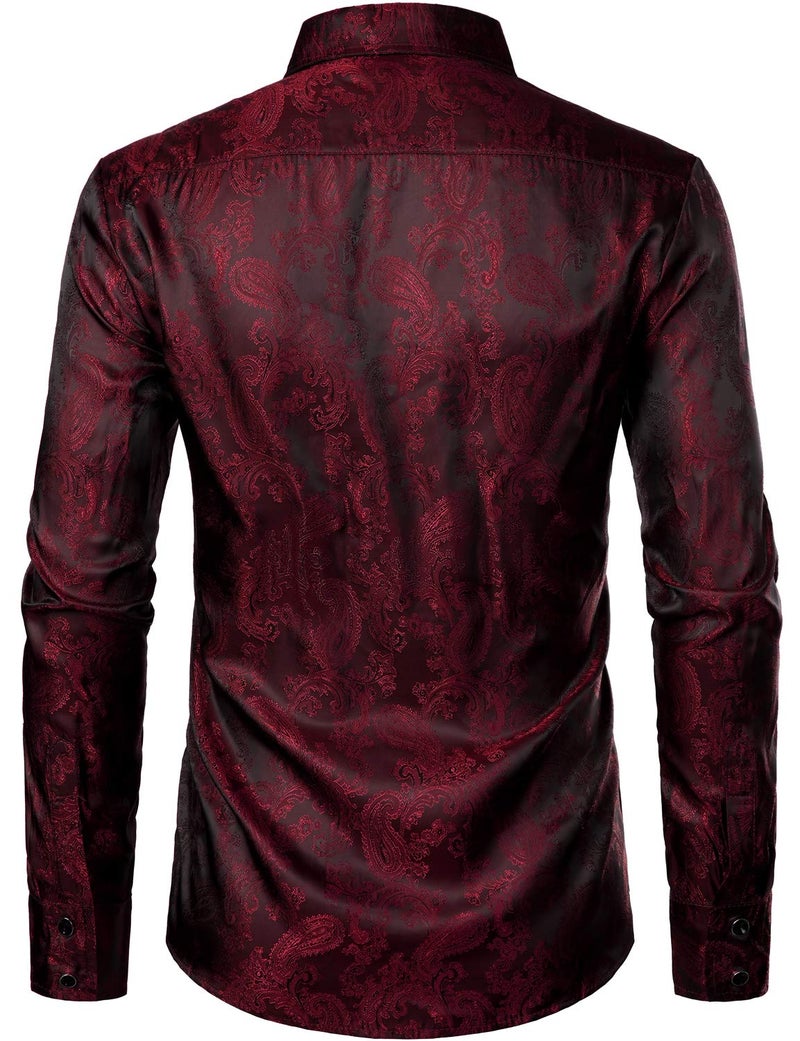 ZEROYAA Men's Paisley Jacquard Slim Fit Long Sleeve Button Up Dress Shirt for Party Prom ZLCL28-Burgundy Large - Image 4