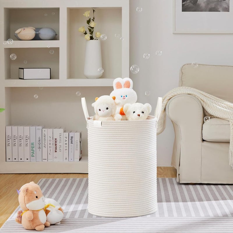 VIPOSCO Tall Laundry Basket, Large Dirty Clothes Hamper with Leather Handle, Woven Rope Storage Basket for Blanket, Toy In Living Room, Bathroom, Bedroom - 72L White - Image 2