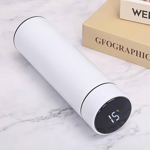 IKTU 500ml Smart LED Temperature Display Water Bottle, Double Wall Vacuum Insulated Flask, Food Grade SUS304 Stainless Steel Bottle Hot & Cold (White) - Image 1