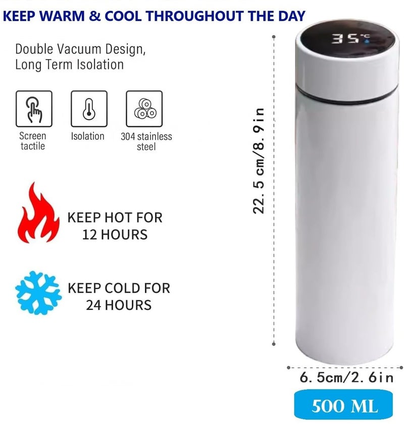 IKTU 500ml Smart LED Temperature Display Water Bottle, Double Wall Vacuum Insulated Flask, Food Grade SUS304 Stainless Steel Bottle Hot & Cold (White) - Image 2