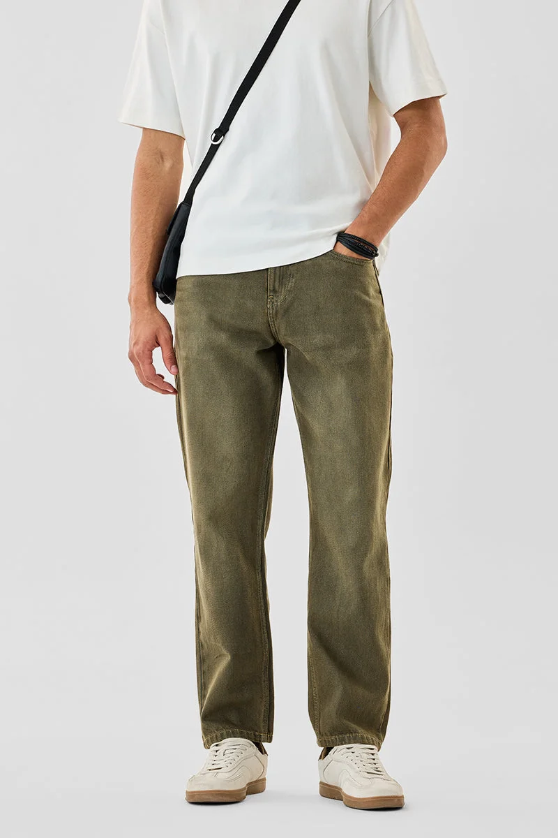 سنيتش Olive Solid Loose Fit Casual Jeans
