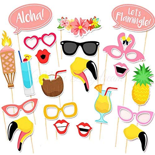 Partysanthe Aloha Flamingo Hawaii Summer Party Birthday Party Photo Booth Props Kit On Sticks Hawaiian Props Multicolor - Image 1