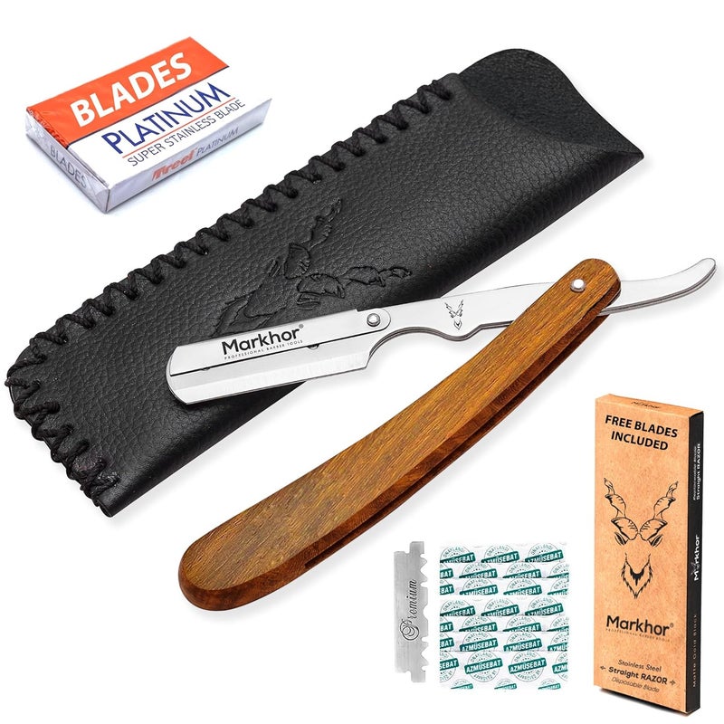 MARKHOR Straight Razor with Leather Pouch  Replaceable Blades  Premium Quality Rose Wood Straight Razors for Men  Barber Razor Blade Single Blade Razor Straight Edge Razors Navajas Para Barbero