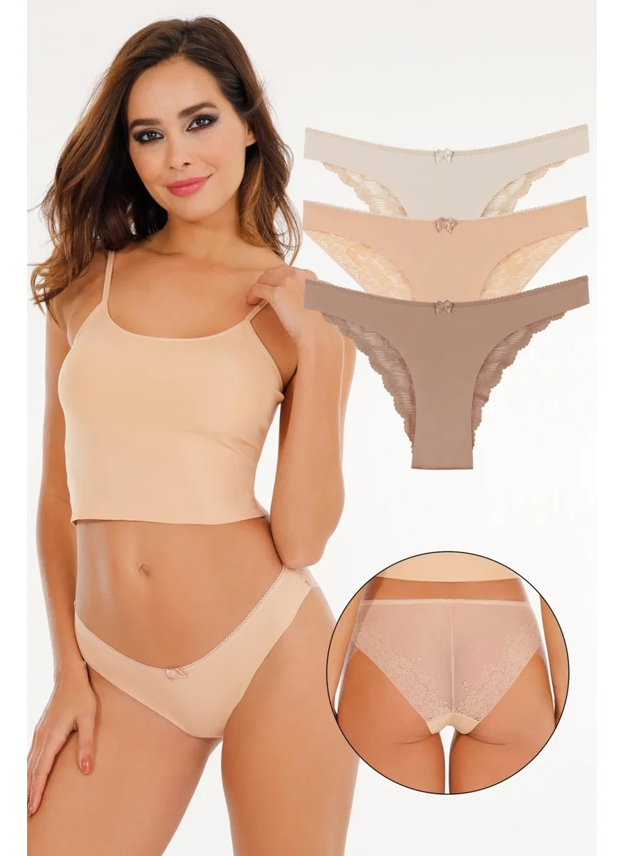 Sensu Women Laser Cut Brazilian Model Lace Detail 3 Piece Panties Set - Kts3106