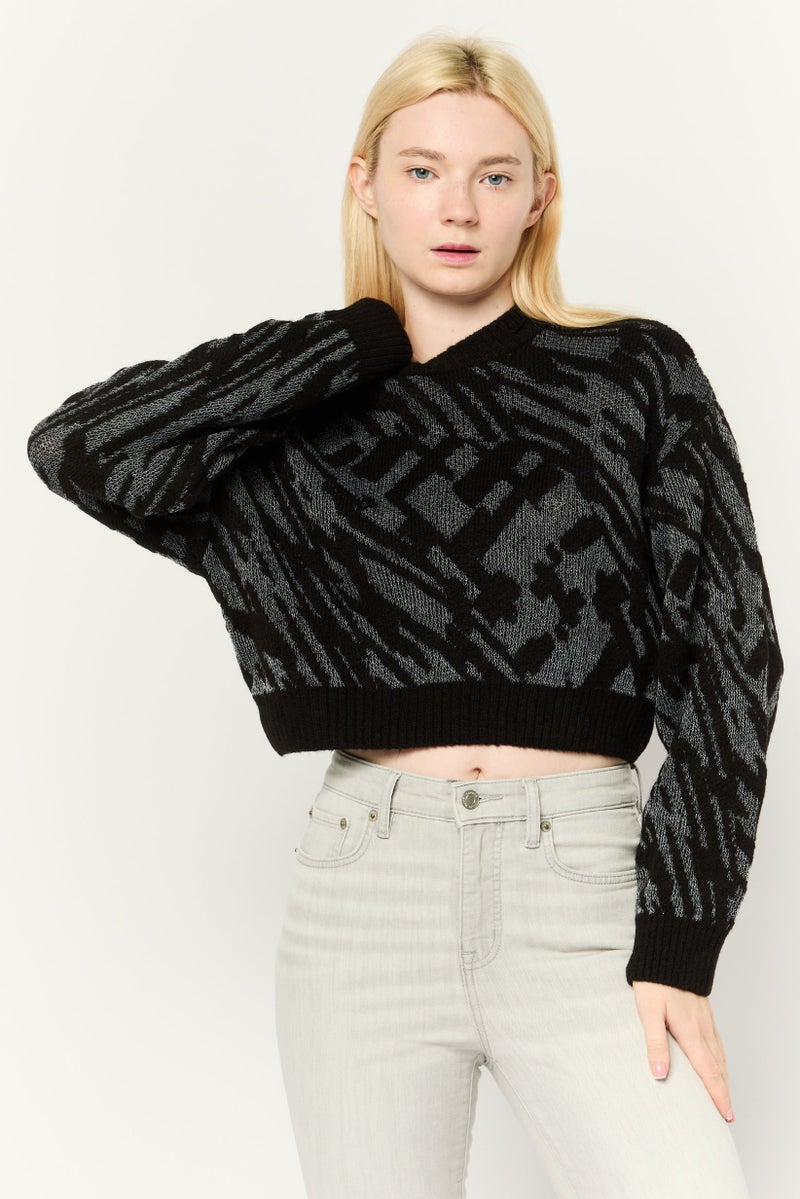 Don't Call Me Jennyfer Women Ribbed Collar Crochet Sweater, Black/White - Image 1