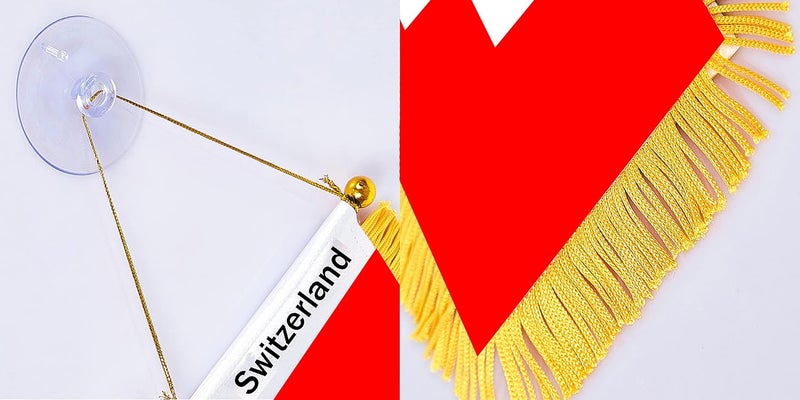 WXTWK 3 X 5 Inch Switzerland Flag Swiss Window Hanging Flag Small Mini Car Flags Banners Rearview Mirror Decoration With Suction Cup Golden Fringy Banner - Image 3