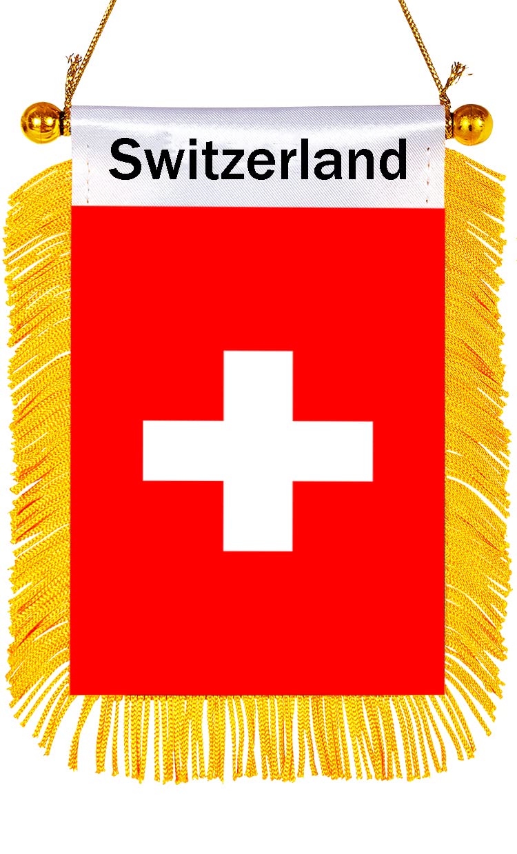 WXTWK 3 X 5 Inch Switzerland Flag Swiss Window Hanging Flag Small Mini Car Flags Banners Rearview Mirror Decoration With Suction Cup Golden Fringy Banner - Image 1