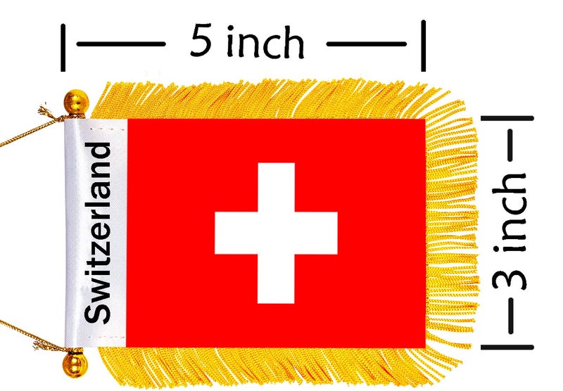 WXTWK 3 X 5 Inch Switzerland Flag Swiss Window Hanging Flag Small Mini Car Flags Banners Rearview Mirror Decoration With Suction Cup Golden Fringy Banner - Image 2