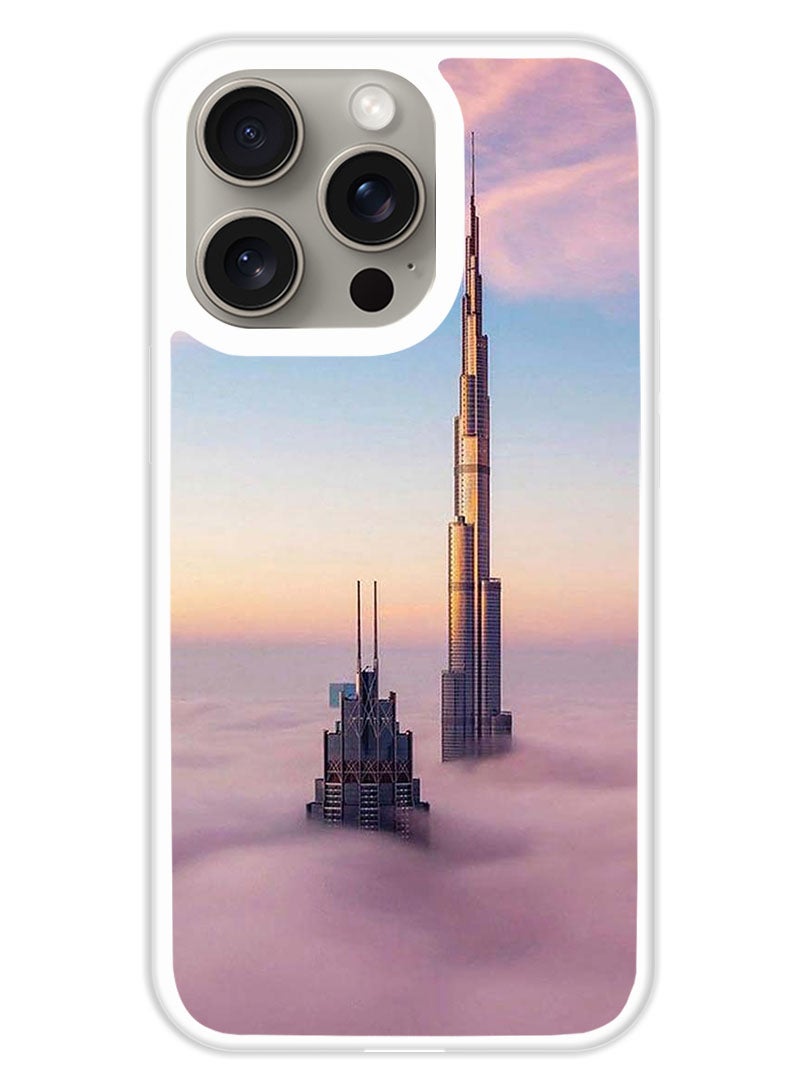 Theodor Protective Case Cover For APPLE IPHONE 15 Pro Burj Khalifa In Clouds (White Bumper) - Image 1