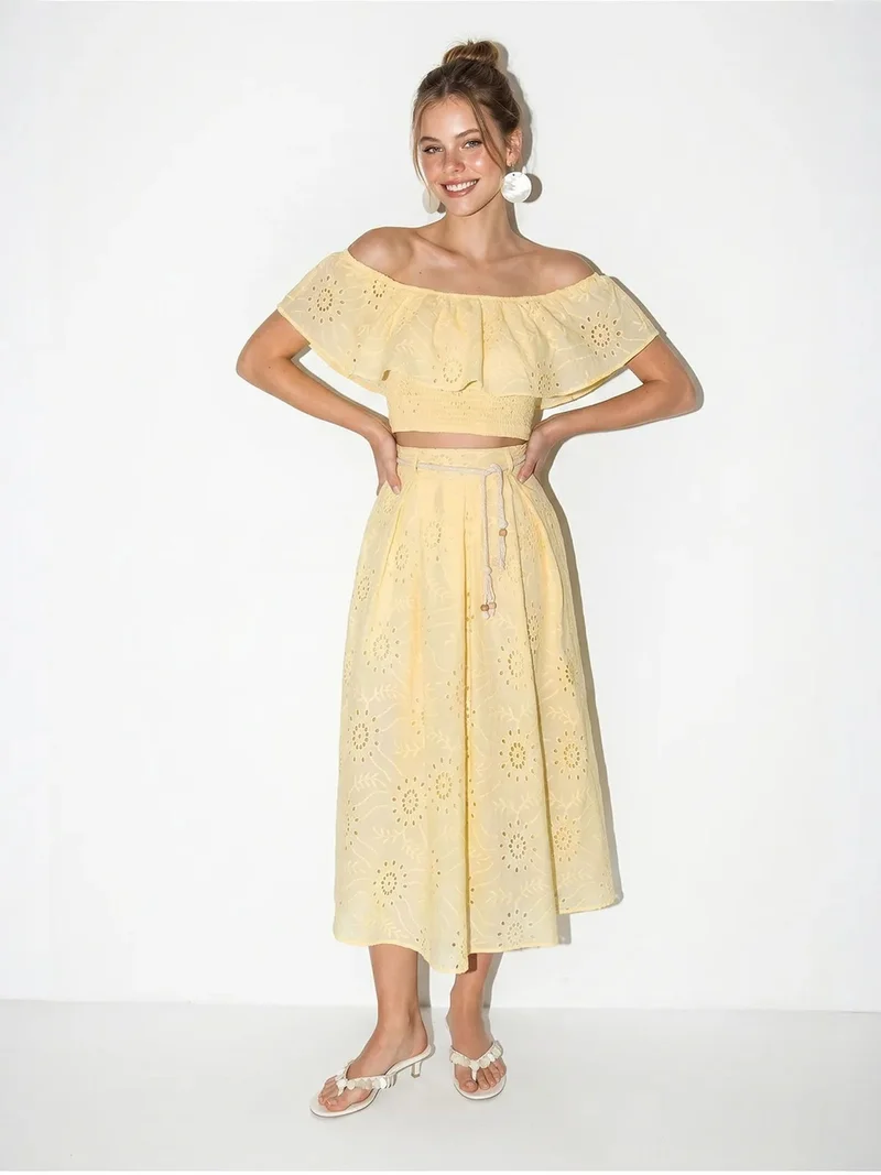بيانكو لوتشي LUCCI Embroidered Off-shoulder Blouse And Midi Skirt Set