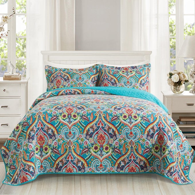 QUILT CALIFORNIA KING SIZE BEDDING SET COTTON CALIFORNIA KING QUILT 108 118 INCH BOHO LIGHTWEIGHT REVERSIBLE OVERSIZED BEDSPREAD FOR FARMHOUSE BEDROOM TEAL 3 PIECES