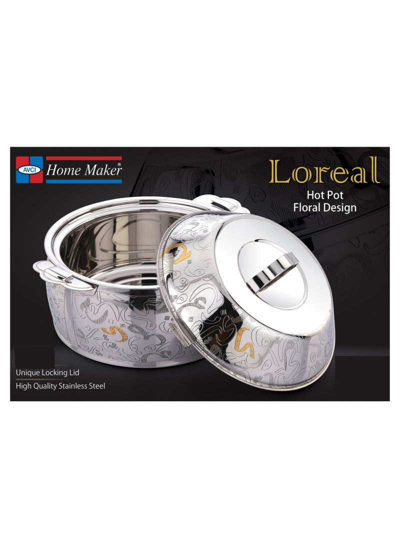 Homemaker - Loreal Hotpot 5000ml Capacity - Unique Locking Lid -  High Quality Stainless Steel - Floral Design - Gold & Silver - Image 1
