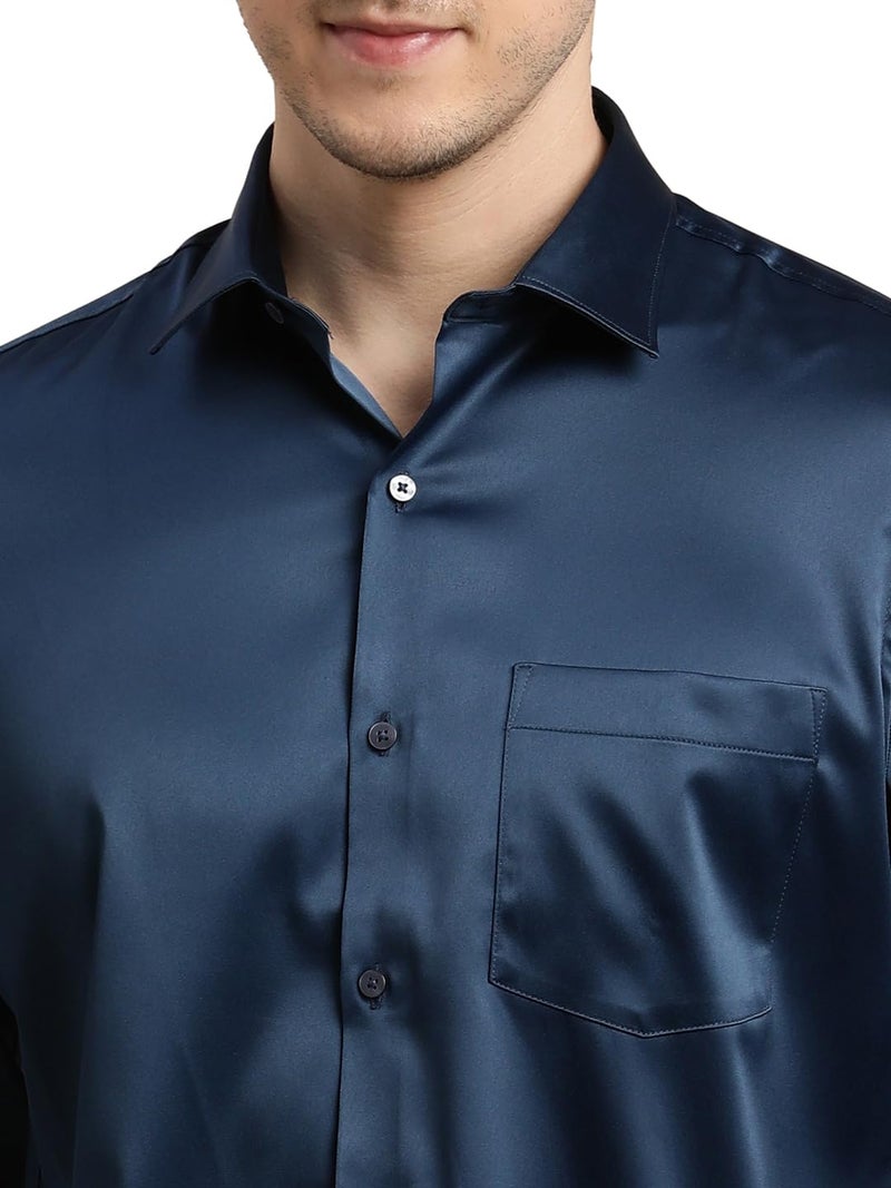 Turtle Men Poly Satin Blue Solid Slim Fit Full Sleeve Ceremonial Shirt - Image 5