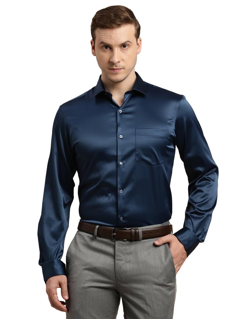 Turtle Men Poly Satin Blue Solid Slim Fit Full Sleeve Ceremonial Shirt - Image 1