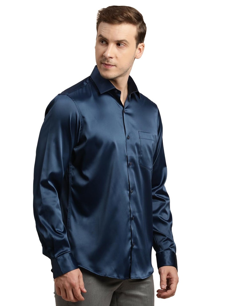 Turtle Men Poly Satin Blue Solid Slim Fit Full Sleeve Ceremonial Shirt - Image 4