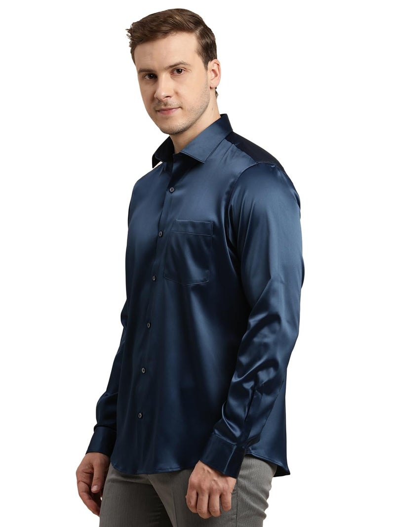 Turtle Men Poly Satin Blue Solid Slim Fit Full Sleeve Ceremonial Shirt - Image 3