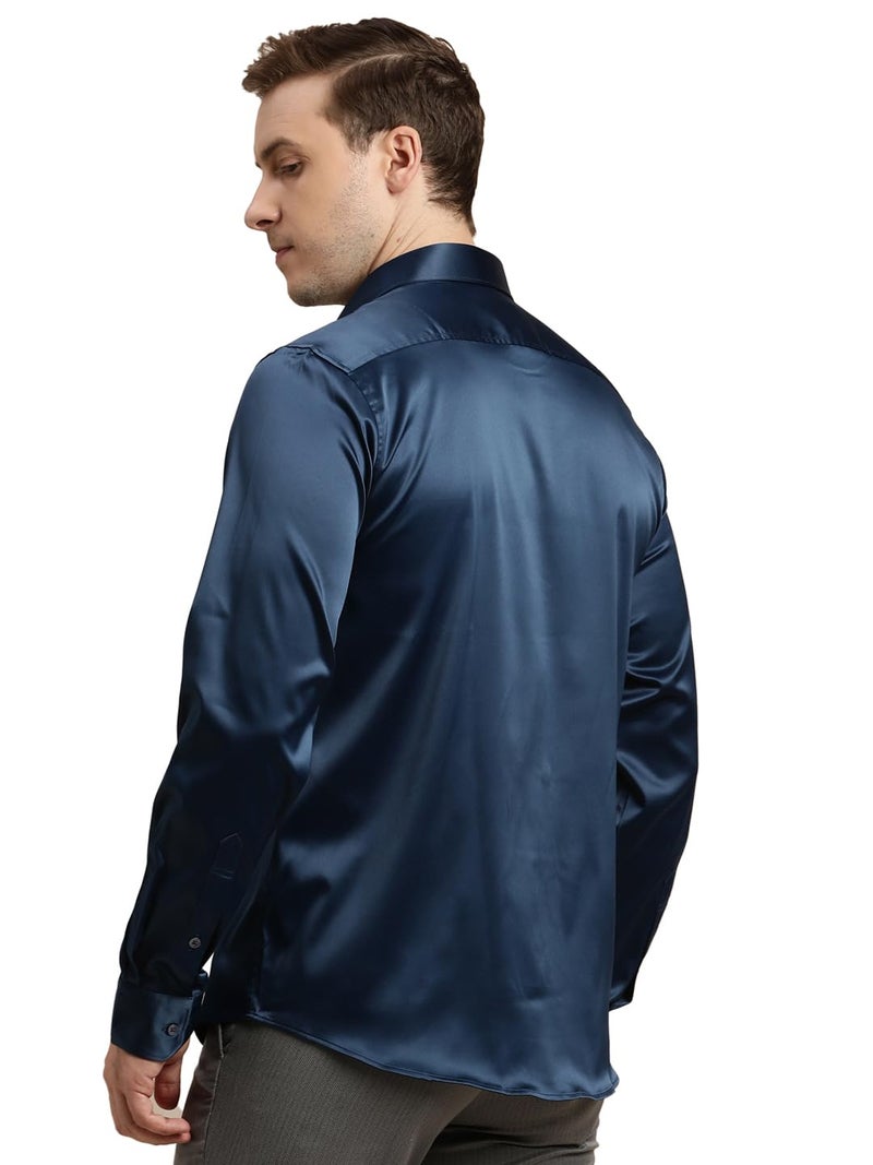 Turtle Men Poly Satin Blue Solid Slim Fit Full Sleeve Ceremonial Shirt - Image 2