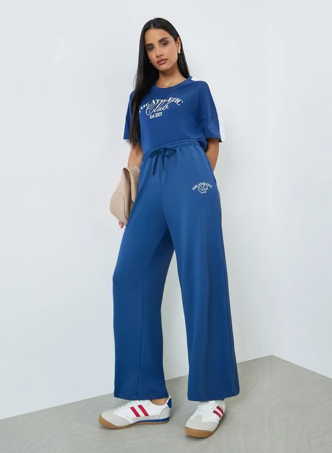 Styli Blue Wide Leg Joggers with Print Detail