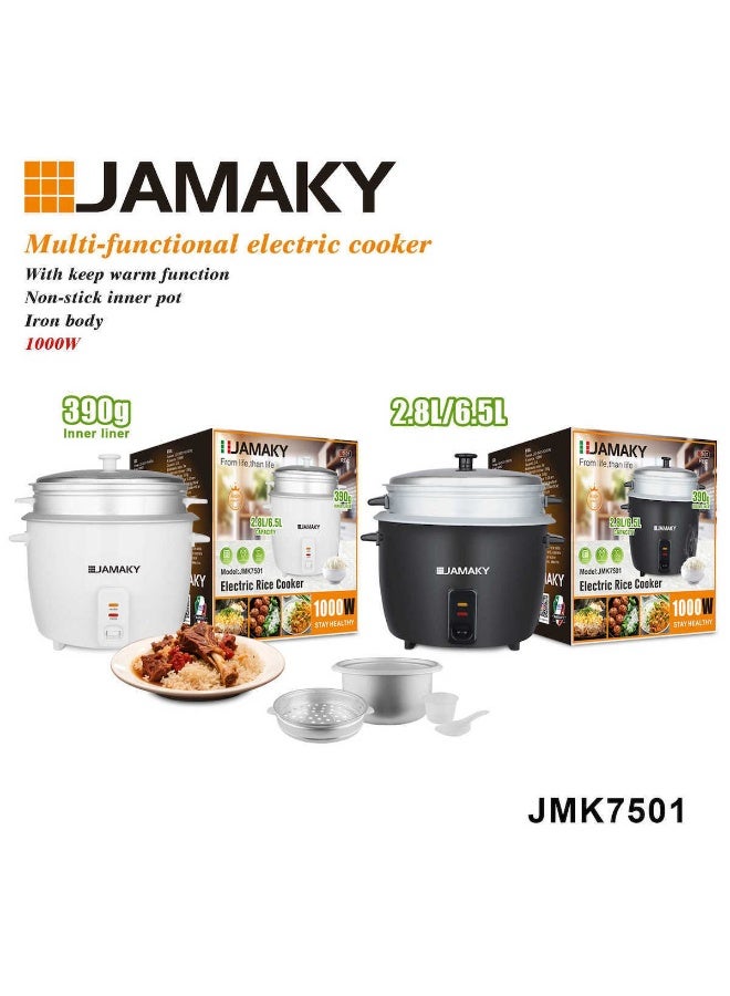 JAMAKY Italy Jamky Multi-Purpose Electric Rice Cooker 2.8L/6.5L - 1000W - Sturdy Metal Body - Non-Stick Lining - Keep Warm Function JMK7501-White-Black - Image 2
