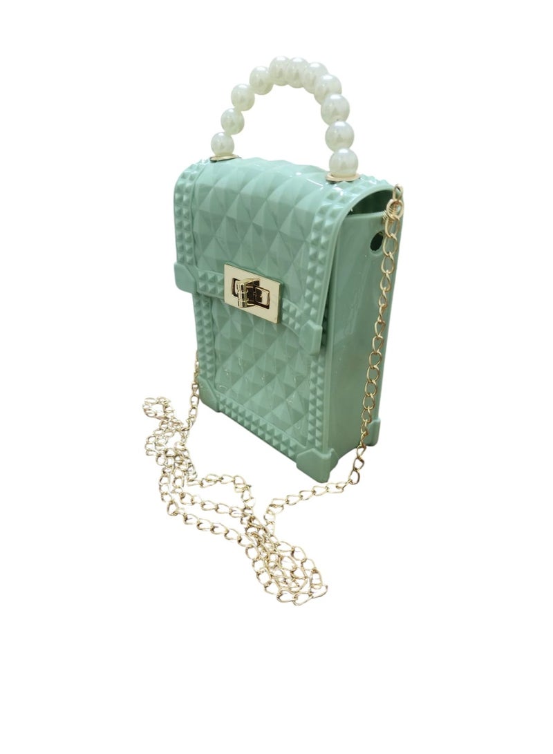 Mini Acrylic Handbag with Pearl Handle and Golden Crossbody Chain – Elegant Party Purse - Image 1