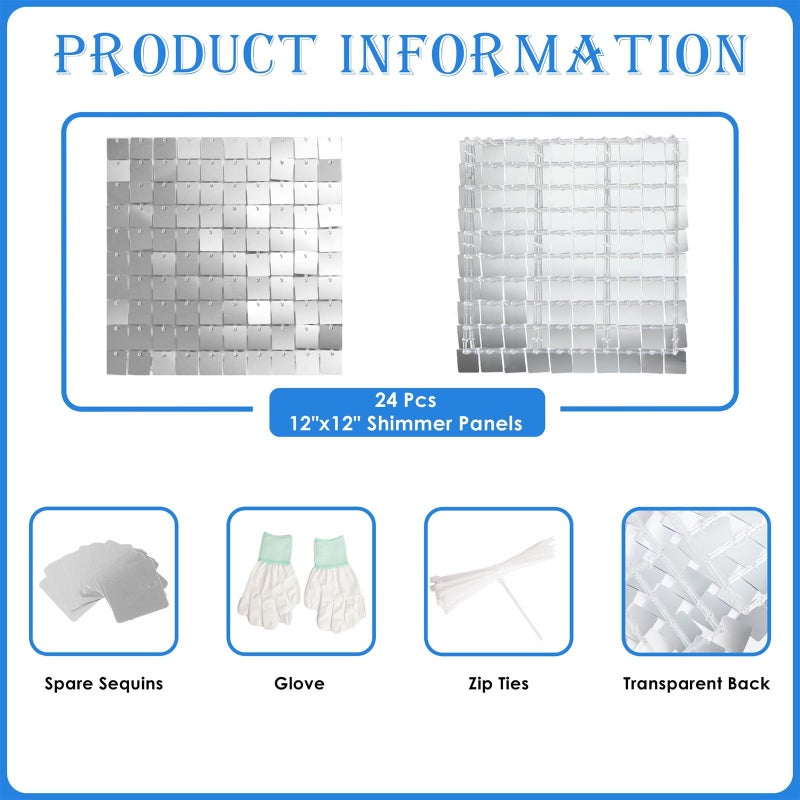 Kate Shimmer Wall Backdrop Silver Square Sequin Wall Panel Backdrop Decor for Wedding, Anniversary, Birthday, Party, 24 Panels - Image 2