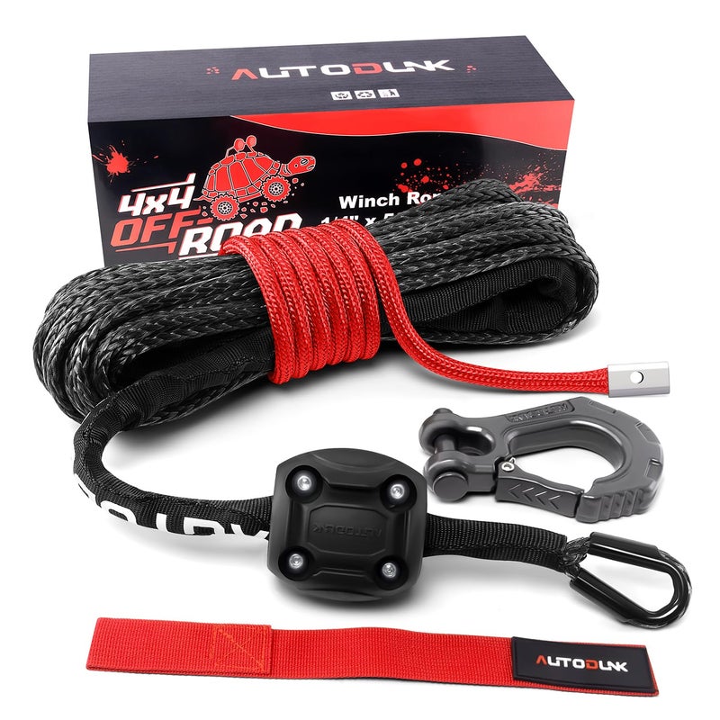 Autodunk Synthetic Winch Rope 14 x 50ft 10000LBS Winch Line with Protective Sleeve Forged Winch Hook and Rubber Stopper Synthetic Winch Cable for 4WD ATV UTV Offroad Vehicles Black