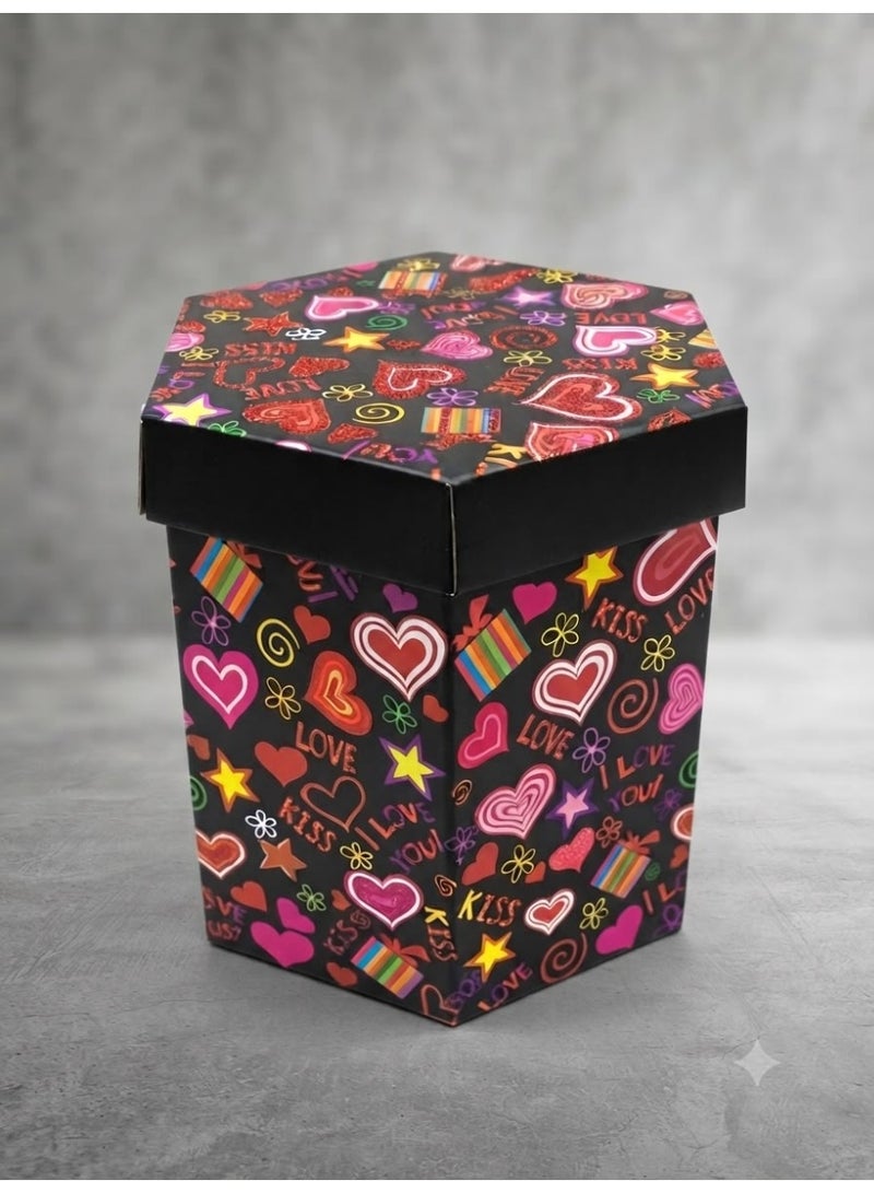 Hexagonal gift box with a colorful heart design - perfect for romantic occasions and birthdays. Box size: 30*22 cm - Image 1