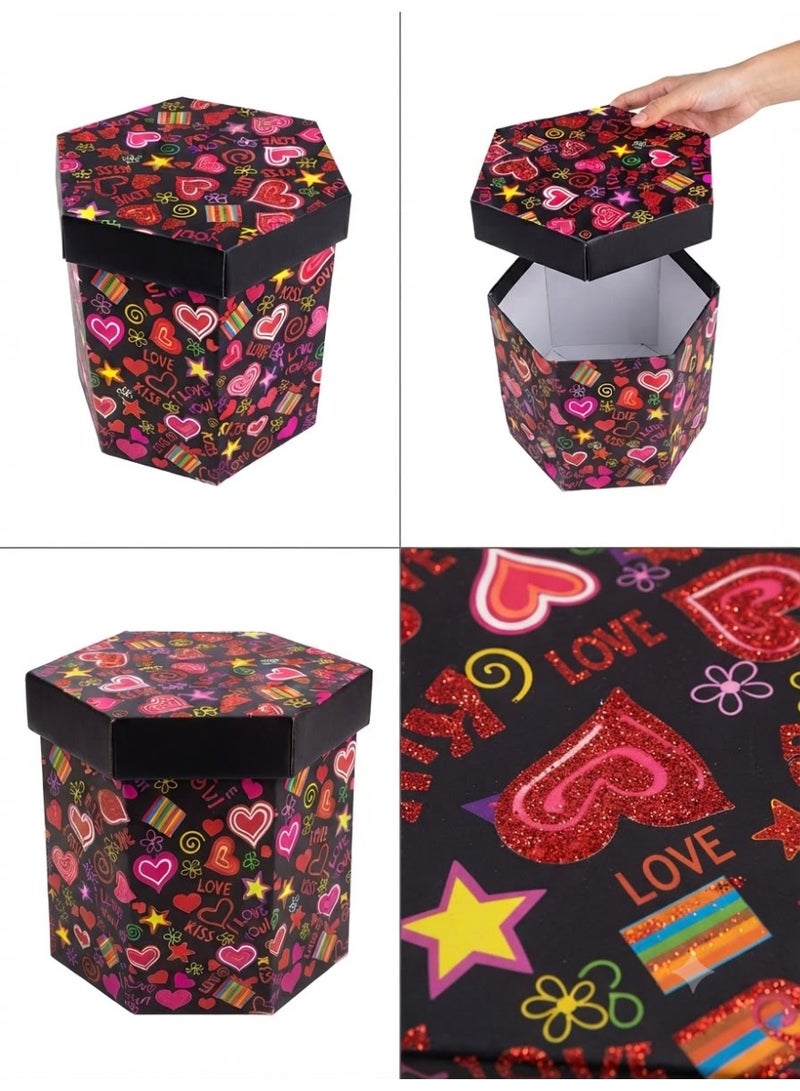 Hexagonal gift box with a colorful heart design - perfect for romantic occasions and birthdays. Box size: 30*22 cm - Image 2