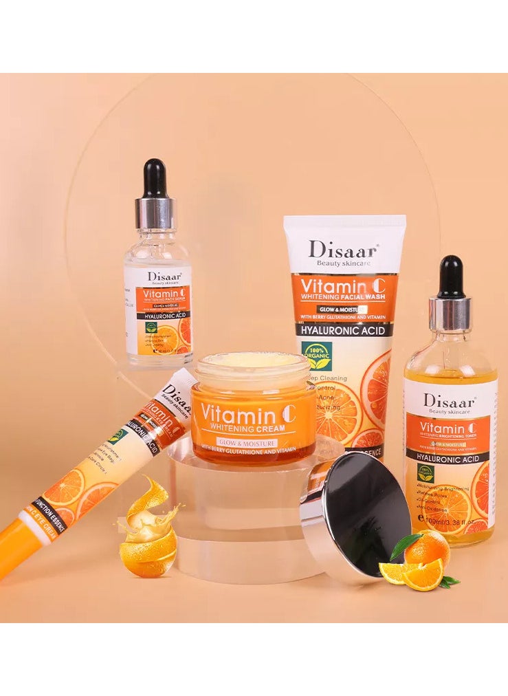 Disaar 5 Piece Vitamin C Anti Aging And Skin Care Set Orange/White Facial Cleanser 100 g Brightening Toner 100Ml Face Serum 30 Ml Whitening Cream 50Ml Eye Cream 25Ml  - Image 2