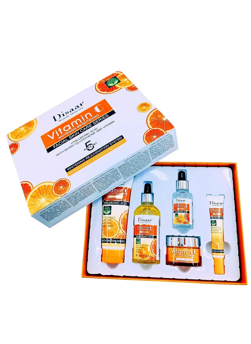 Disaar 5 Piece Vitamin C Anti Aging And Skin Care Set Orange/White Facial Cleanser 100 g Brightening Toner 100Ml Face Serum 30 Ml Whitening Cream 50Ml Eye Cream 25Ml  - Image 1