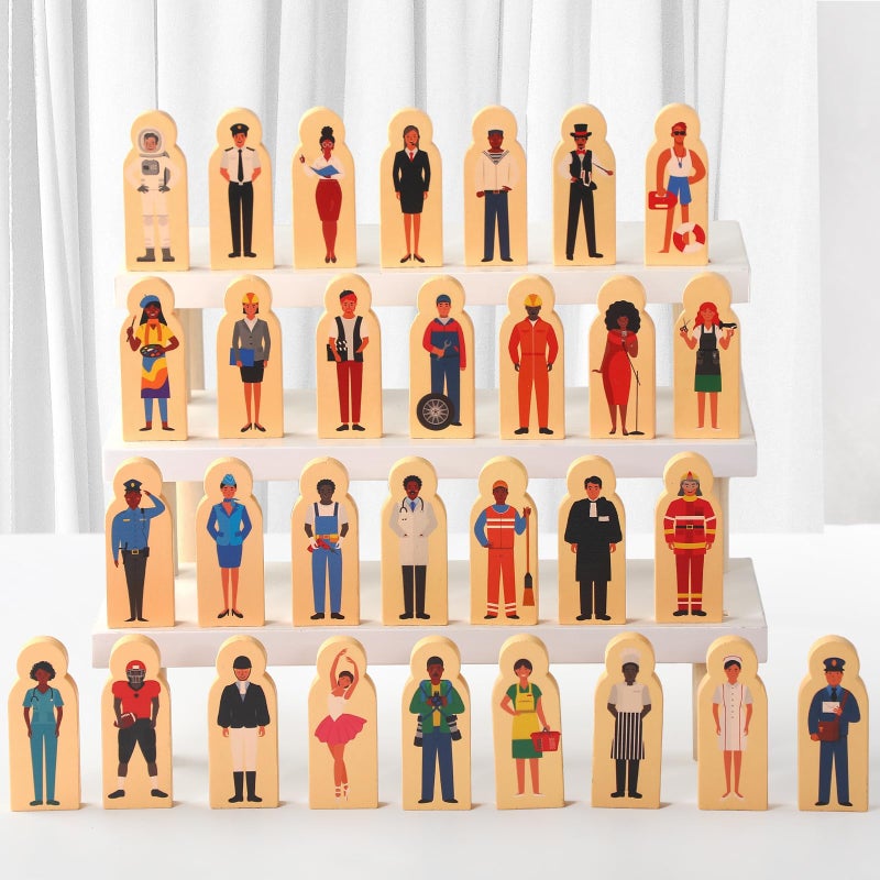 Arrowbash 30 Pcs Wooden Community Helpers Toys Multicultural Career Wooden People Figures Small Professionals Character Set for Preschool Classroom Educational Activity Sorting Stacking Toys - Image 3