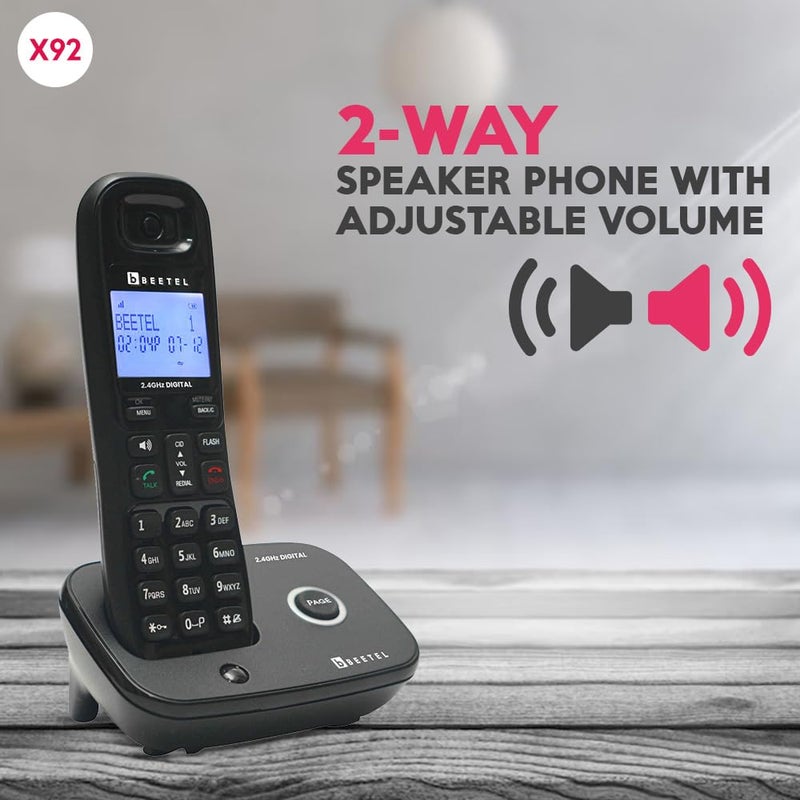 Beetel هاتف أرضي لاسلكي X92 بتردد 2.4GHz، وضع مزدوج DTMF/FSK، شاشة LCD 7 قطع خط واحد وإضاءة خلفية زرقاء، لوحة مفاتيح مضاءة، هاتف مكبر صوت ثنائي الاتجاه، تحكم في حجم رنين 6 خطوات (أسود)(X92) - Image 4