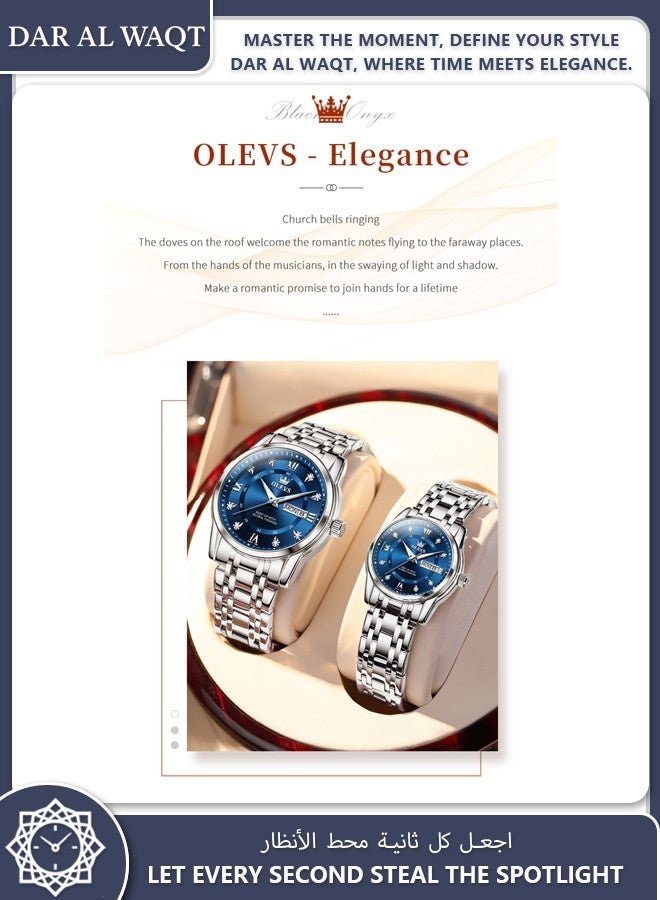 أوليفز ساعة OLEVS الجديدة للزوجين كوارتز عملية مضيئة مقاومة للماء تقويم مزدوج سوار فولاذي أزرق - Image 3