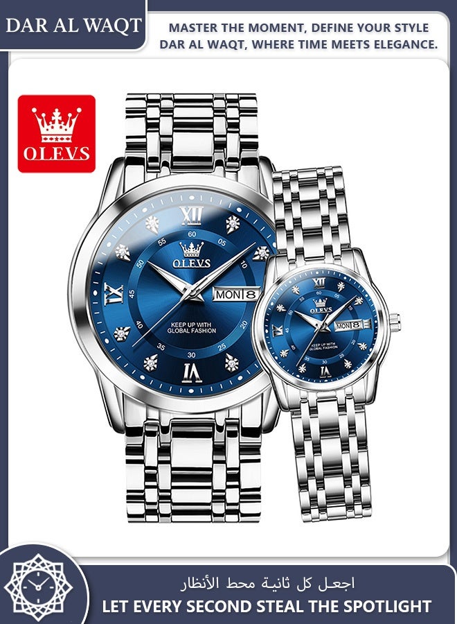 أوليفز ساعة OLEVS الجديدة للزوجين كوارتز عملية مضيئة مقاومة للماء تقويم مزدوج سوار فولاذي أزرق - Image 1