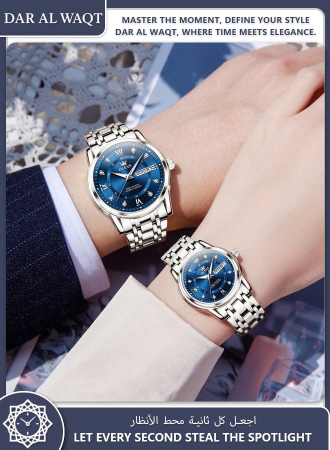 أوليفز ساعة OLEVS الجديدة للزوجين كوارتز عملية مضيئة مقاومة للماء تقويم مزدوج سوار فولاذي أزرق - Image 4