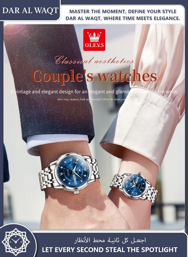 أوليفز ساعة OLEVS الجديدة للزوجين كوارتز عملية مضيئة مقاومة للماء تقويم مزدوج سوار فولاذي أزرق - Image 2