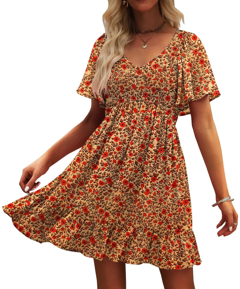 UEAL Sun Dresses for Women Casual Short Spring Summer Bohemian Dresses for Women 2026 Medium Brown Floral - Image 1