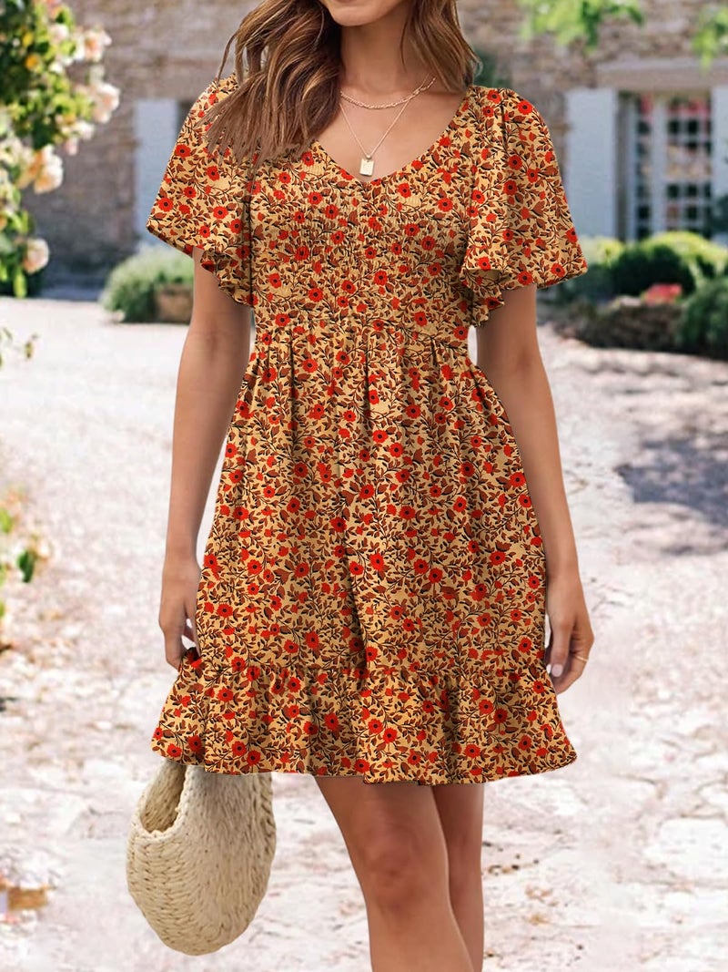 UEAL Sun Dresses for Women Casual Short Spring Summer Bohemian Dresses for Women 2026 Medium Brown Floral - Image 2