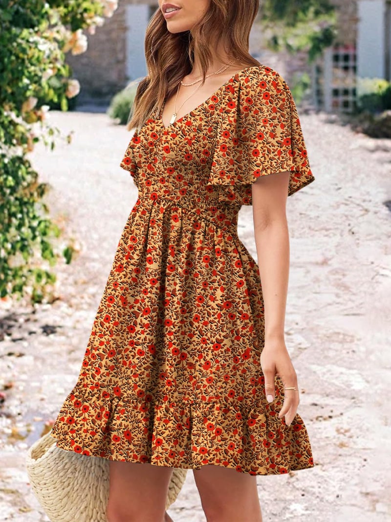 UEAL Sun Dresses for Women Casual Short Spring Summer Bohemian Dresses for Women 2026 Medium Brown Floral - Image 4