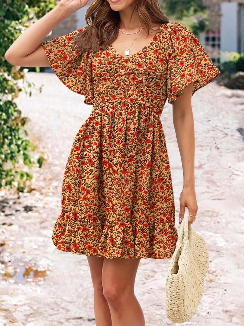 UEAL Sun Dresses for Women Casual Short Spring Summer Bohemian Dresses for Women 2026 Medium Brown Floral - Image 3