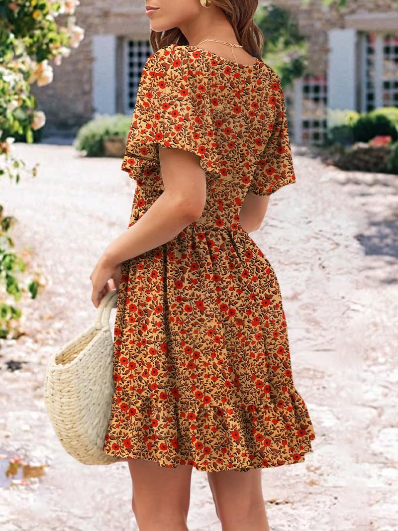 UEAL Sun Dresses for Women Casual Short Spring Summer Bohemian Dresses for Women 2026 Medium Brown Floral - Image 5