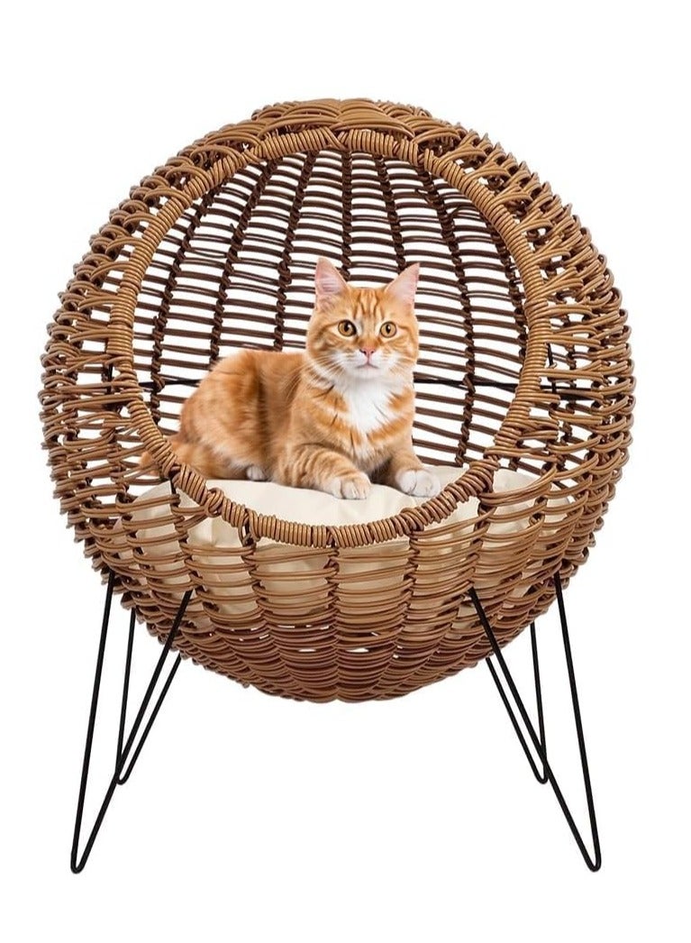 NNC PETS Cat Hammock Basket, Round Cat bed with Rattan Design, Ideal for Cats & Kittens, Comfortable woven basket, Stylist cat bed for Indoor & Outdoor use, All season pet bed, Easy to assemble, 60 cm (Brown) - Image 1