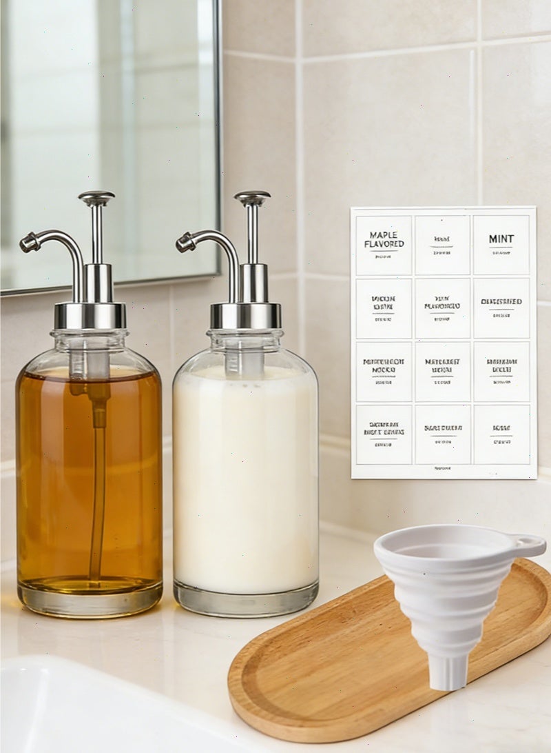Yoawllty 2 Pcs Syrup Dispenser Set, Coffee Syrup Dispenser with Glass Syrup Bottle Labels and Bamboo Tray and Funnel, Syrup Pump Dispenser for Coffee Bar - Image 2