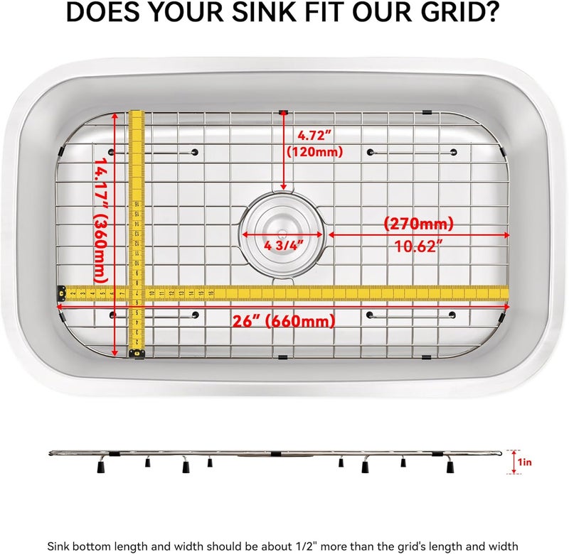SettleDown Sink Protector Grid 26-1/16" x 14-1/16",Centered Drain with Corner Radius 3-1/2", Stainless Steel Material(Centered Drain) - Image 2